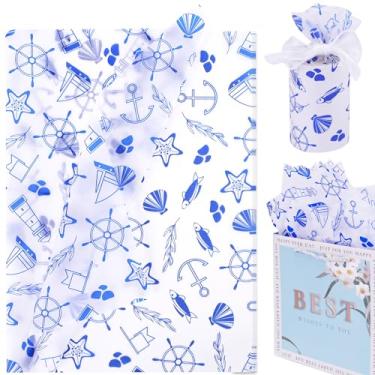 Imagem de HolyMaji 30 folhas de papel de seda impresso náutico a granel, 50 x 71 cm, design de âncora, papel de embrulho decorativo para sacos de presente, embalagem faça você mesmo, artesanato para festa de