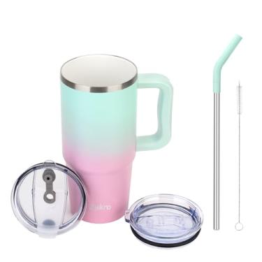 Imagem de Zukro Copo forrado de cerâmica de 680 g com alça e canudo, sem sabor de metal, caneca de café de aço inoxidável isolada com tampas à prova de derramamento para casa/escritório, sem suor, mantém as