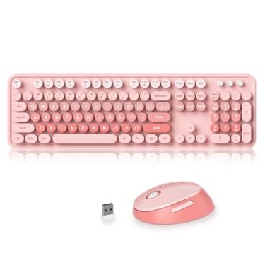 Imagem de Ussixchare Teclado e mouse gradiente rosa, lindo combo de teclado e mouse sem fio, teclado de máquina de escrever de tamanho completo com teclado numérico, teclado colorido para computador portátil