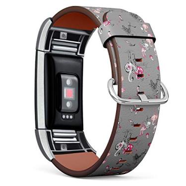 Imagem de Compatível com Fitbit Charge 2 – Pulseira de couro Pulseira de acessórios de substituição (inclui adaptadores) – Pássaros de flamingo rosa