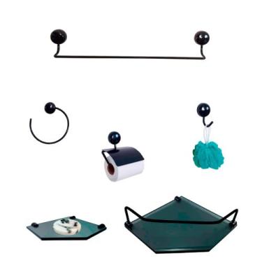 Imagem de Kit Para Banheiro Topázio Luxo Preto Vidro Sextavado Fumê - VSA