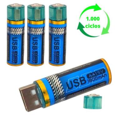 Imagem de 4 Pilhas Aa Recarregável Usb 1.5v Pequena Cilíndrica Bateria Cartela D