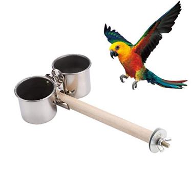 Imagem de Poleiro de pássaro com copos alimentadores, tigelas de aço inoxidável inodoro com suporte para fora; Dispensador de alimentos de água durável para periquito, calopatia, conure, gaiola de ararara, cinza africano, acessórios (A-18 cm)
