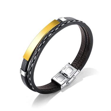 Imagem de Rockyu Pulseira de couro preta masculina com letras prateadas gravadas, pulseira de silicone hipoalergênica, pulseira de aço inoxidável, presente elegante, Couro de aço inoxidável, Sem Pedra Preciosa