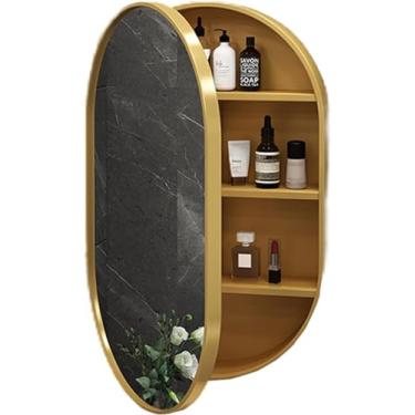 Imagem de Espelhos de penteadeira armário de espelho oval armário de banheiro montado na parede armário de remédios de madeira armário de armazenamento com luz, ouro, 40 x 70 x 14 cm