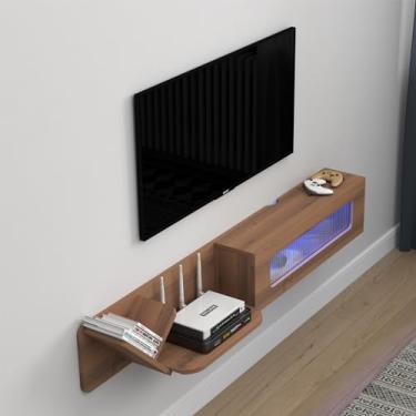 Imagem de Pmnianhua Suporte de TV flutuante rústico com luzes LED, console de mídia montado na parede de 166 cm, centro de entretenimento flutuante, prateleira flutuante com porta de vidro e armazenamento para