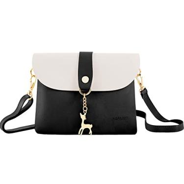 Imagem de Bolsa pequena transversal de couro PU para mulheres e meninas com pingente com alça/corrente dourada, Preto