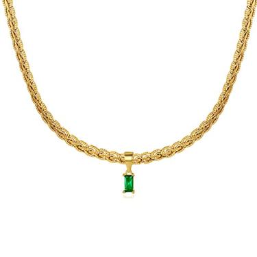 Imagem de FYXOTI Colar feminino com pingente verde esmeralda dourado, zircão vintage trançado, pedra do mês de nascimento, joias de latão de aço inoxidável banhado a ouro 18 k, Aço inoxidável, Sem Pedra Preciosa