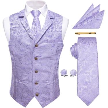 Imagem de YourTies Conjunto de gravata masculina vitoriana de seda Paisley colete formal colete gótico steampunk com lapelas entalhadas, Roxo lilás, P