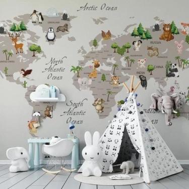 Imagem de Papel De Parede Infantil De Mapa Mundi Claro Com Animais - AloPapers, 