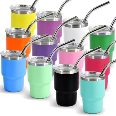 Imagem de FECBK 3 Oz Mini Copo De Shot Tumbler Com Canudo E Tampa 12 Pcs Mini Copos De Shot Tumblers Aço Inoxidável Mini Copo De Shot Para Festa De Casamento Whiskey Cocktail Bar, 12 Cores, Fosco Com Borda Pr
