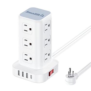 Imagem de Extensão de alimentação com protetor de picos de torre com USB 12 tomadas com 4 portas USB (1 USB C), cabo de extensão de tomada plana de 6 pés, extensor de tomada múltipla para