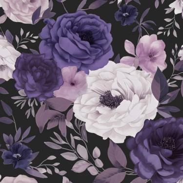 Imagem de BOKEBEVE Papel de parede floral preto roxo descasque e cole papel de contato vintage Boho Rose papel de parede para backsplash sala de estar gaveta de parede removível amigável para locatários 17,5 x