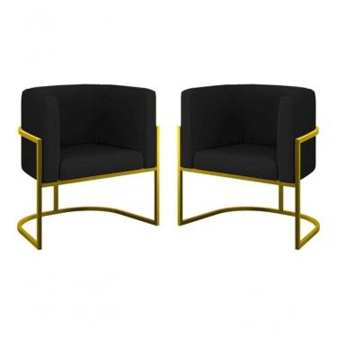 Imagem de Kit 2 Poltronas Decorativa Luxo Base De Metal Dourada Escritório Recepção Sala Suede Preto Eli Móveis E Decoração