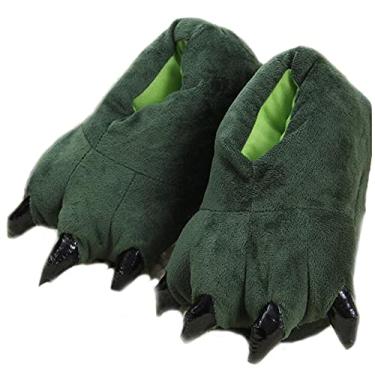 Imagem de HengQiu Pantufas unissex de pelúcia com pata de animal, felpudo, quente, para casa, dinossauro, pata, Verde, 5-8 Women/4-6 Men