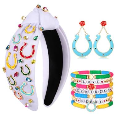 Imagem de CEALXHENY Kentucky Derby Faixa de cabeça feminina em ferradura brincos pendurados pulseiras empilháveis Heishi dia corrida de cavalos acessórios Derby joias presentes lembrancinhas de festa (estilo A)