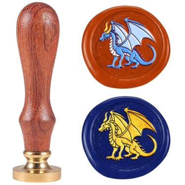 Imagem de DELORIGIN Carimbo de selo de cera de dragão maligno de 2,5 cm Carimbo de vedação retrô de latão removível com alça de madeira cera de vedação para cartão de felicitações, cartas, convites, cartão de