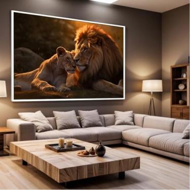 Imagem de Quadro Decorativo com Moldura Sala 40x60 Leoa e Leão Por do Sol Luxo Grande Horizontal