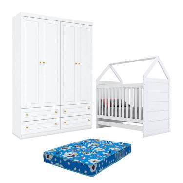 Imagem de Berço Montessoriano Americano e Guarda Roupa Infantil Mississipi 4 Portas Branco com Colchão Ortobom - Henn