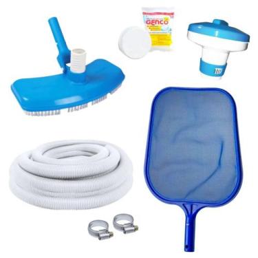 Imagem de Kit Limpeza de Piscina Mangueira 4m + Aspirador + Peneira + Cloro + Fl