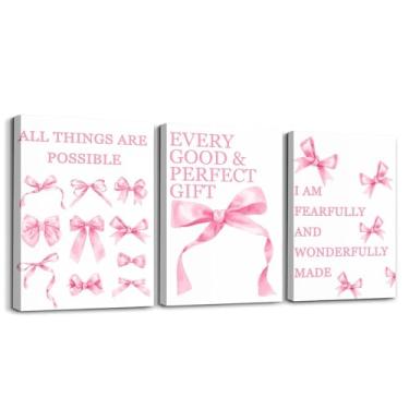 Imagem de Feelyou 3 peças de arte de parede em tela com laço rosa vintage decoração de parede de arco escuro coquete impressões para quarto de menina escolar neutro 30,5 cm x 40,6 cm x 3 peças