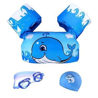 Imagem de GoKiddie Suéter de natação azul para meninos de até 30 kg – colete infantil, jaquetas, boias, boias de braço, jumper de poça para crianças de 10 a 29,9 kg com óculos de natação e boné – Jumpers para