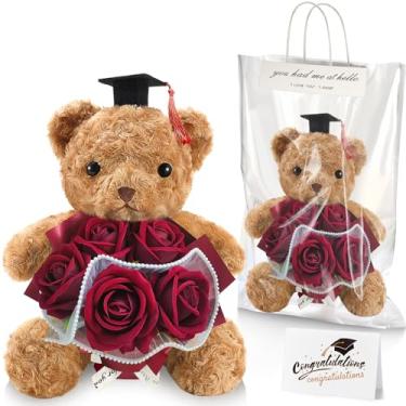 Imagem de Giegxin Conjunto de buquê de urso de formatura, 2025 rosa flor presente urso classe de 2025 graduação pelúcia animal de pelúcia com tampa caixa artificial cartão de felicitações presente de graduação
