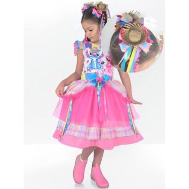 Imagem de Vestido Festa Junina Stitch e Angel Xadrez Rosa + 2 Enfeites de Cabelo