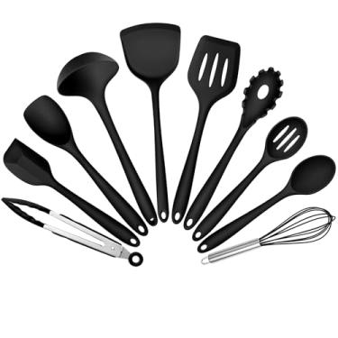 Imagem de Conjunto de 10 utensílios de cozinha de silicone, preto Leonyo para cozinhar, 230 °C, utensílios de cozinha de silicone resistente ao calor com espátula, concha de sopa, colheres de servir para