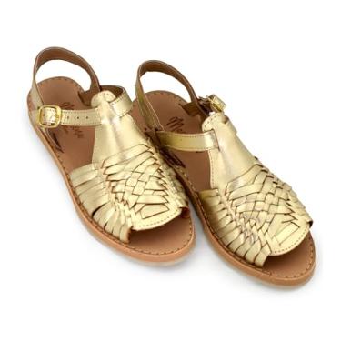 Imagem de Macarena Collection Sandália feminina Huarache de couro colorido estilo mexicano cor 3044, Dourado, 37