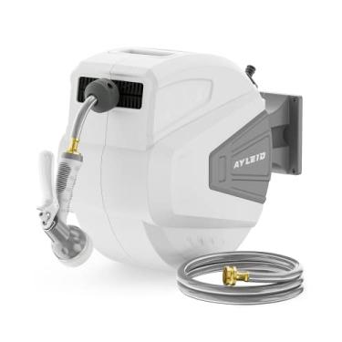 Imagem de Carretel de jardim retrátil Ayleid com bocal pulverizador de 9 funções para irrigação de jardim, lavagem de carro com mangueira de água de 0,95 cm x 1,82 m, suporte de parede para rebobinamento automático, cinza