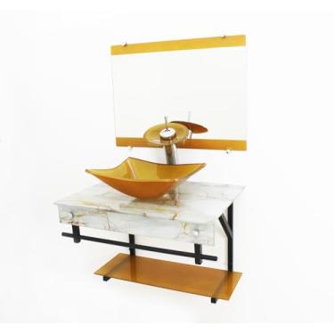 Imagem de Gabinete de Vidro para Banheiro 50x40cm com Cuba Quadrada, Espelho e Válvula Click (Mármore Branco Dourado)