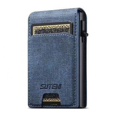 Imagem de JIAONASHIJIA Mini carteira masculina minimalista de couro, porta-cartão de crédito, janela pop-up e identidade, ultraleve, fecho magnético, bloqueio RFID., Azul, Moderno