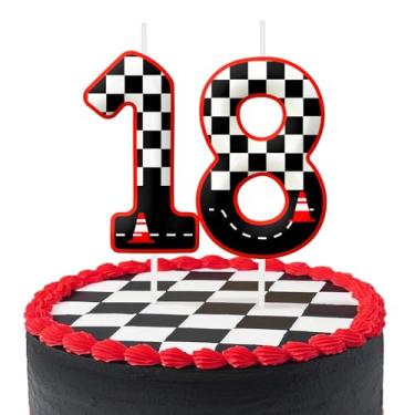 Imagem de Velas pretas e brancas de aniversário de 18 anos, decoração de bolo de aniversário para festas temáticas de carros de corrida, vela de aniversário quadriculada para meninos e meninas, suprimentos de