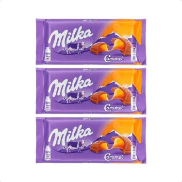 Imagem de 3 barras de chocolate ao leite milka com recheio caramelo