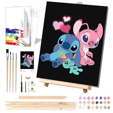 Imagem de Kit de pintura de desenho animado por números para crianças com tela emoldurada - com cavalete de madeira, kits de pintura fácil para crianças de 8 a 12 anos, kits de pintura a óleo acrílica DIY com 4