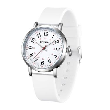 Imagem de BOSHIYA Relógio de enfermeira para estudantes de medicina, médicos, mulheres com segunda mão e pulseira de silicone 24 horas de fácil leitura, Pulseira de silicone branca - 36 mm