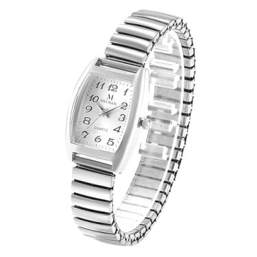 Imagem de JewelryWe Relógio analógico feminino Easy Reader com pulseira elástica banhada a ouro/prata, Quadrado - Prata