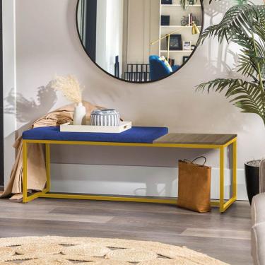 Imagem de Banco Recamier Puff 140cm Industrial Dourado Sintético Azul Marinho Tampo Quadrado Mdf Madeira