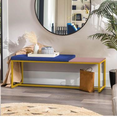 Imagem de Banco Recamier Puff 140cm Industrial Dourado Sintético Azul Marinho Tampo Quadrado Mdf Rose