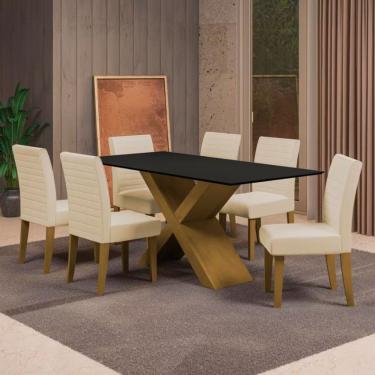 Imagem de Mesa De Jantar Dobuê Creta Light 180x90 Com 6 Cadeiras Estofadas Carvalho/preto/bege