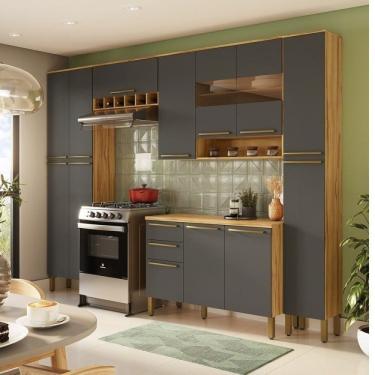 Imagem de Cozinha Modulada Completa 5 Peças 13 Portas 2 Gavetas Com Tampo E Vidro Reflecta 100% Mdf Itália Espresso Móveis