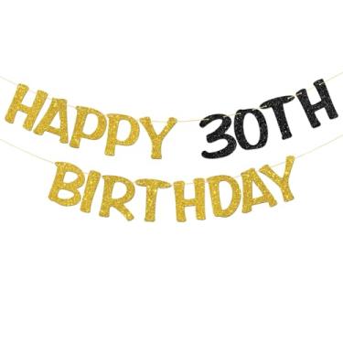 Imagem de Faixa de feliz aniversário de 30 anos - Suprimentos de guirlanda de festa de 30 anos para adultos - Decorações de festa Cheers to 30 Years - Glitter preto dourado