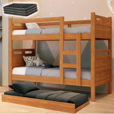 Imagem de Kit Beliche Barreto com Cama Auxiliar e 3 Colchões D20, 156 x 94 x 204 cm, Suporta 100 kg por Cama (Nature)