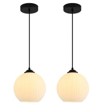 Imagem de Flyrose Luminárias Pendentes Modernas Contemporâneas, Globo Preto, Ilha De Cozinha, Iluminação Vintage Vidro Branco-Leite, Luminária Teto Com Nervuras Exclusivas (Pacote 2)