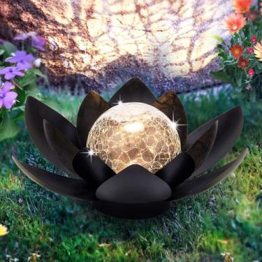 Imagem de Huaxu Luzes Solares Para Decoração De Jardim Ao Ar Livre, Lótus Preta Metal, Globo Vidro Rachado, À Prova D'Água, Lâmpada Mesa Led Pátio, Gramado, Quintal, Passarela, Mesa, Presentes Chão Mães