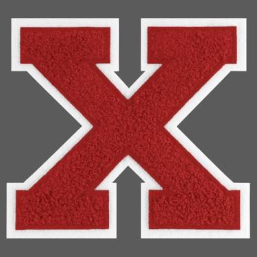 Imagem de FANCIBAND Letras vermelhas de ferro em letras universitárias de 15 cm grande chenille ferro em letras para roupas camiseta de jérsei jaqueta com capuz Varsity X