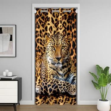 Imagem de Cortina de porta de leopardo africano 132 cm L x 213 cm C Cortina blackout com estampa de guepardo para porta de armário cortina de pele de animal selvagem para corredor e sala de estar