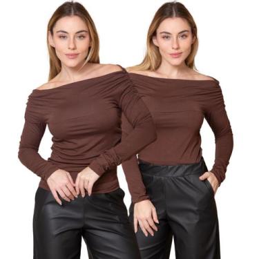 Imagem de Kit 2 Blusas Feminina Ombro a Ombro com Lateral Franzida Manga Longa -
