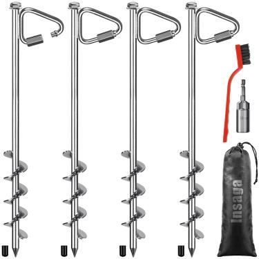 Imagem de Insaga Âncoras de solo de 35,5 cm cromadas, resistentes para trampolins, tendas, casas móveis, conjuntos de balanço, garagens e galpões com suporte triangular reforçado para alta resistência ao vento